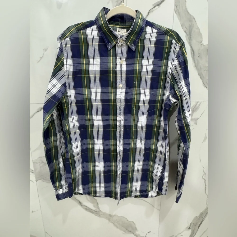 J. Crew Navy Green Plaid Sunwashed Oxford Tailored Shirt